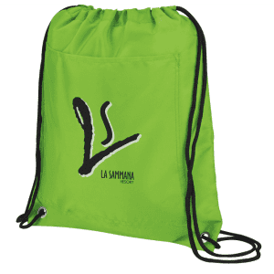 A bright green drawstring cooler pack featuring a logo. It has a simple, lightweight design with black drawstrings.
