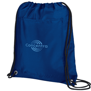 A blue drawstring cooler pack featuring a logo, designed for carrying beverages.