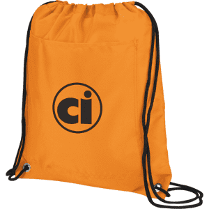 An orange drawstring cooler pack with a black logo, featuring a single compartment and adjustable straps.