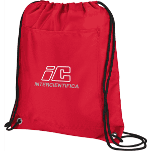 A red drawstring cooler pack with a black drawcord and a logo on the front.