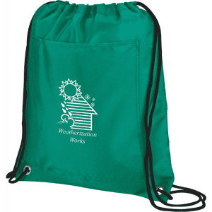 A green drawstring cooler pack with a black drawstring and a logo printed on the front.