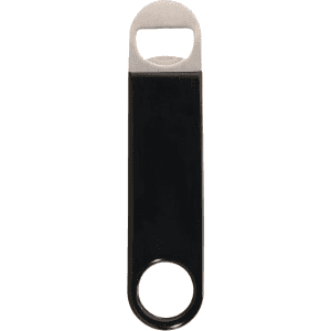 A drink bottle opener with a vinyl wrap in black and a silver metal top, featuring a round keyring hole.