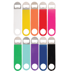 A collection of ten vinyl wrapped paddle style bottle openers in various colours, each with a metal bottle opener end.