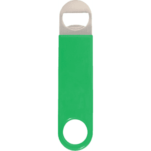 A green vinyl wrapped paddle-style bottle opener with a stainless steel end and a keyring attachment.