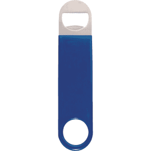 A drink bottle opener featuring a blue vinyl wrap with a stainless steel top and a circular keyring attachment.