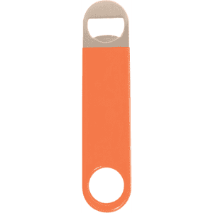 A drink bottle opener in orange with a stainless steel head and a circular hole for attachment.