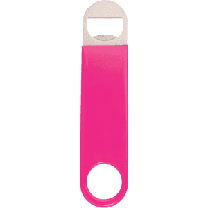 A pink vinyl wrapped paddle style bottle opener featuring a metallic bottle cap remover at one end.