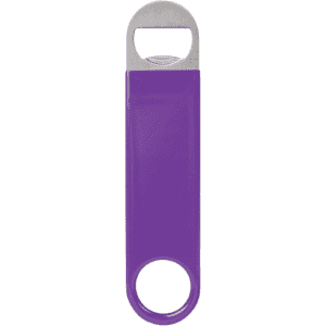 A drink bottle opener in a vibrant purple vinyl wrap with a metal opening end and a keyring attachment.