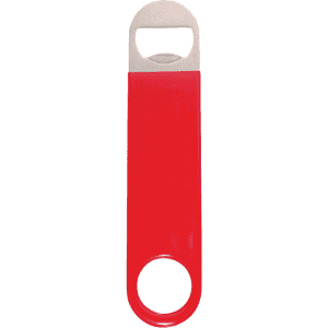 A drink bottle opener with a stainless steel head and a bright red vinyl wrapped handle. It includes a logo.