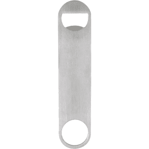 A sleek stainless steel paddle-style bottle opener with a circular handle and an integrated opener, featuring a branding logo.