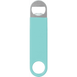 A drink bottle opener in a pastel blue vinyl wrapped design with a stainless steel top and a circular keyring attachment.
