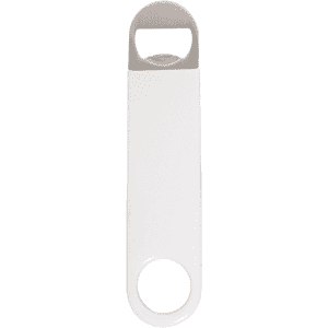 A drink bottle opener in white vinyl wrap with a silver opening end, featuring a circular handle and logo.