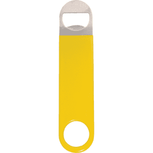 A yellow vinyl wrapped paddle-style bottle opener with a stainless steel opener at one end and a circular keyring attachment.