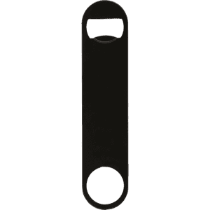 A black powder-coated steel bottle opener featuring a simple paddle style design and a logo.