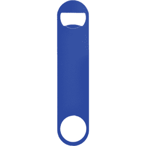 A paddle-style, powder-coated steel bottle opener in blue, featuring a circular hole and a logo.
