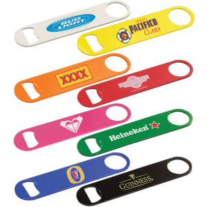 A drink bottle opener set featuring various colours: white, orange, pink, green, red, black, and yellow with logos.