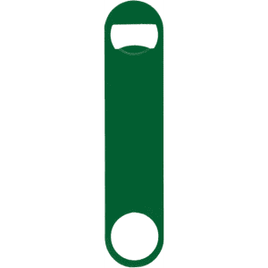 A green paddle-style bottle opener with a circular cut-out and an opening for easy grip. Features a logo.