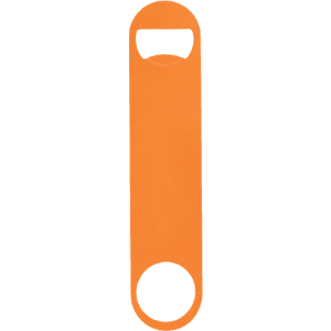 An orange paddle-style powder-coated steel bottle opener with a hole for attaching to keyrings.