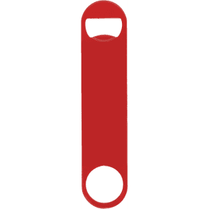 A red paddle-style powder-coated steel bottle opener with a logo, featuring a simple and sleek design.