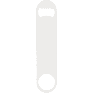 A powder-coated steel bottle opener in white, featuring a simple, streamlined design and a logo.