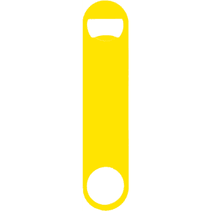 A drink bottle opener in bright yellow, featuring a sleek, paddle style design and a logo.