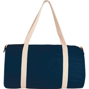 A navy duffel bag with cream straps, featuring a logo on the side. Ideal for travel or gym use.