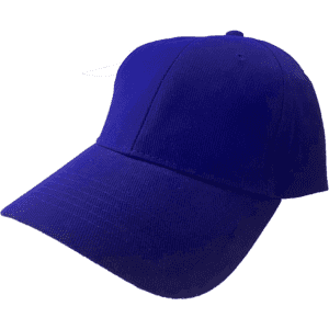 A blue brushed cotton baseball cap with a curved peak and a logo on the front.