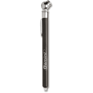 A metal tyre gauge featuring a chrome finish and an angled nozzle, with branding along the side.