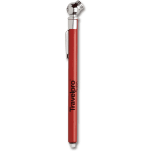 A red tyre gauge with a silver end, featuring a branding logo.
