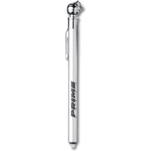 A silver pen styled with a decorative top and featuring a logo.
