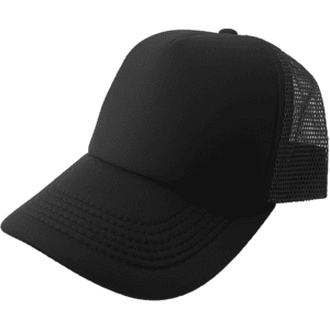 A black half mesh nylon foam trucker cap with a structured front and mesh side panels. Features a logo.