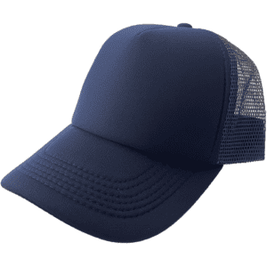 A navy blue half mesh nylon foam trucker cap with a curved peak and mesh back. It features a logo on the front.