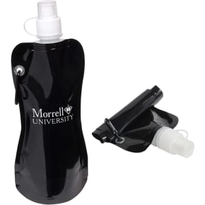 A black Flex Water Bottle with a carabiner and a nozzle, featuring a logo on the front.
