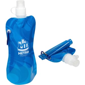 A drink bottle in blue with a flexible design and attached carabiner for easy carrying. It features a logo.
