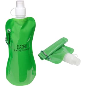 A green flexible water bottle with a carabiner, featuring a cap and a compact design for easy storage.