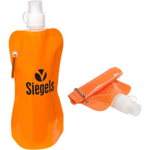 A drink bottle in vibrant orange with a flexible design and a carabiner attachment. It features a logo.