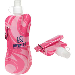 A drink bottle in pink with a swirled design, featuring a carabiner and a logo. It is foldable for easy storage.