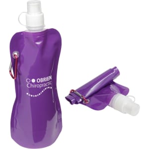 A purple flex water bottle with a carabiner, featuring a logo, alongside a folded version of the bottle.