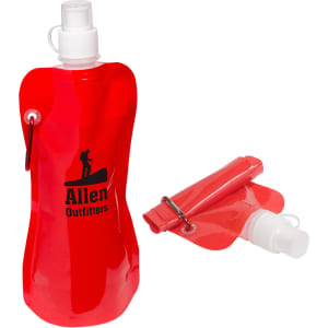 A red drink bottle with a carabiner and a foldable design. The bottle features a logo.