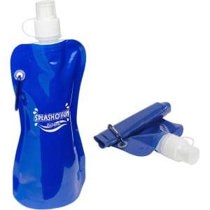 A blue drink bottle with a carabiner, featuring a flexible design and a white screw-on cap.