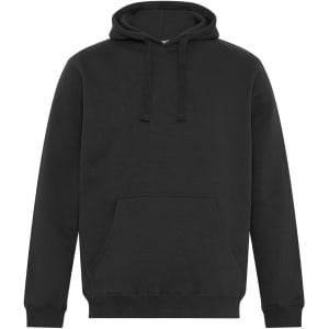 A black hoodie featuring a front pocket and drawstring hood, with a logo on the chest.