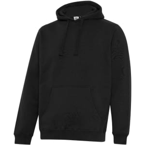 A black hoodie with a front pocket and a logo on the chest, featuring a drawstring hood.