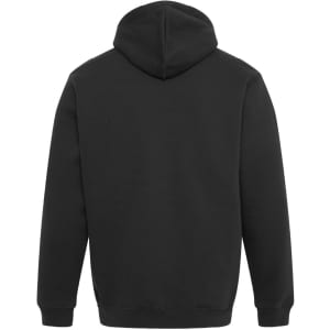 A black hoodie with a spacious hood and ribbed cuffs, featuring a logo on the back.