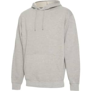 A grey hoodie with a front pocket and a drawstring hood. It features a logo on the front.