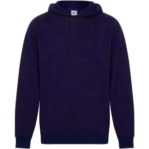 A navy blue hoodie with a front pocket and a drawstring hood. It features a logo.