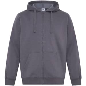 A grey full-zip hoodie featuring a hood and front pockets, with a logo on the tag.