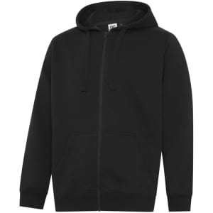 A black full-zip hoodie with a hood and front pockets, featuring a logo on the label.