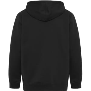 A black full-zip hoodie with a hood and long sleeves, featuring a simple design on the back.