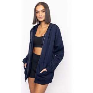 A navy blue full-zip hoodie with a relaxed fit, featuring a hood and front pockets, displayed by a model.