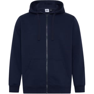 A navy blue full-zip hoodie featuring a hood and front pockets. It has a logo on the label.